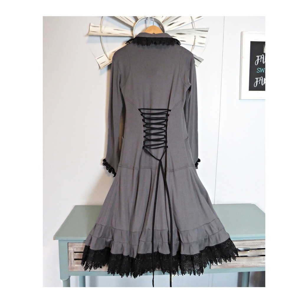 Gothic Style Gray / Black Trim Midi Corst Style Coat Removable Hood Pockets XS - Picture 6 of 16